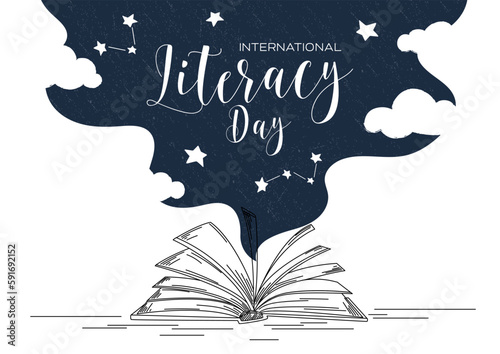Literacy day concept. Reading, education and learning. Template, layout and mock up. International holiday and festival. Open book with stars. Cartoon flat vector illustration