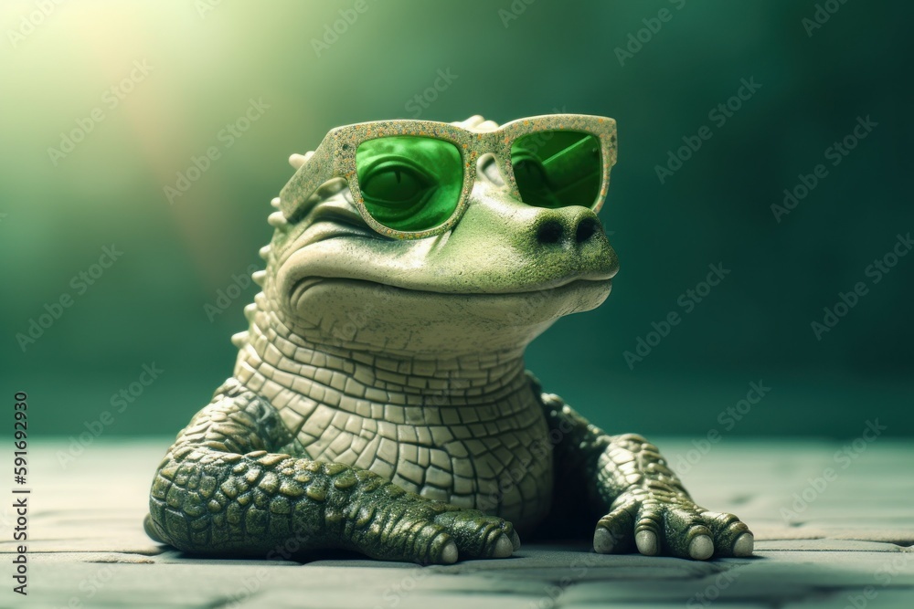 Funny cute crocodile in sunglasses with happy emotion. AI generated