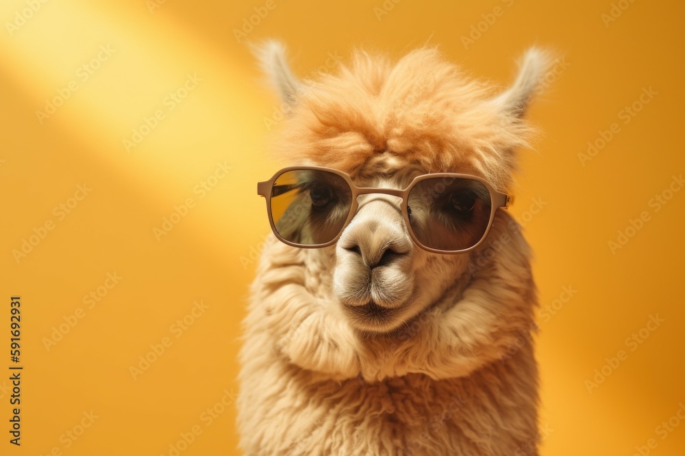 Funny cute alpaca in sunglasses with happy emotion. AI generated, human enhanced Funny cute alpaca in sunglasses with happy emotion. AI generated, human enhanced