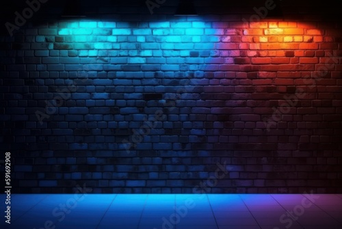 Brick wall background with neon light. AI generated  human enhanced.