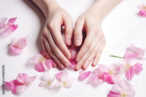 Close-up of beautiful female hands with flowers. The concept of hand care anti-aging cream and spa. AI generated