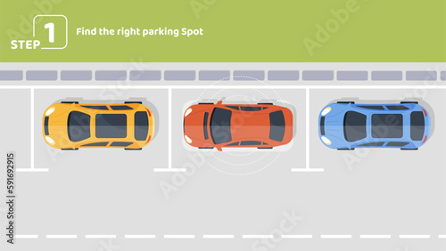 Parallel parking step 1. Find right parking spot. Top view of red, yellow and blue car. Educational infographic with rules of road. Development of driving skills. Cartoon flat vector illustration