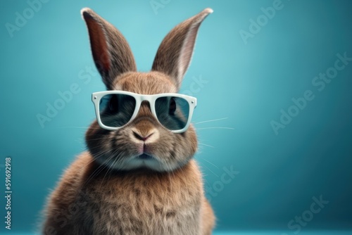 Funny cute bunny in sunglasses with happy emotion. AI generated, human enhanced © top images