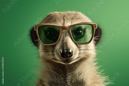 Funny cute meerkat in sunglasses with happy emotion. AI generated, human enhanced photo