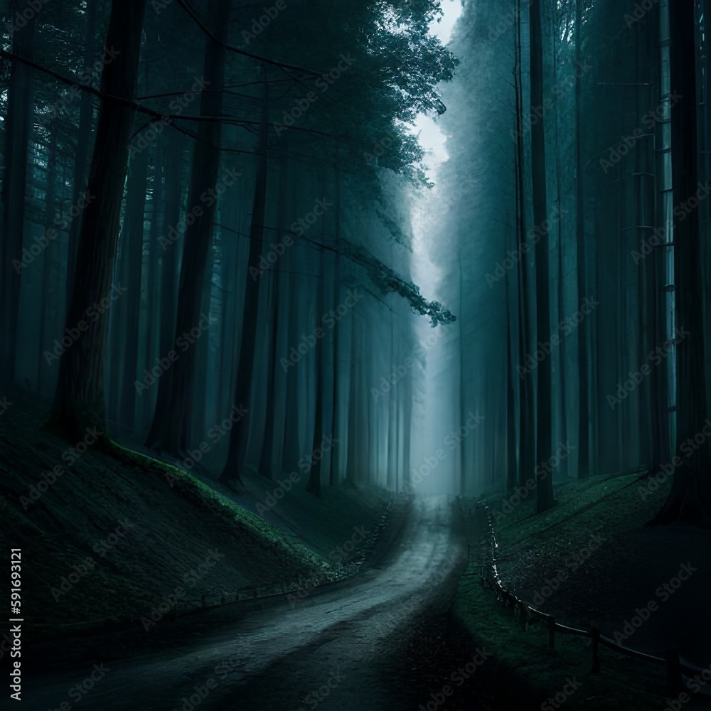 This eerie digital art depicts a dark and moody forest with misty trees ...