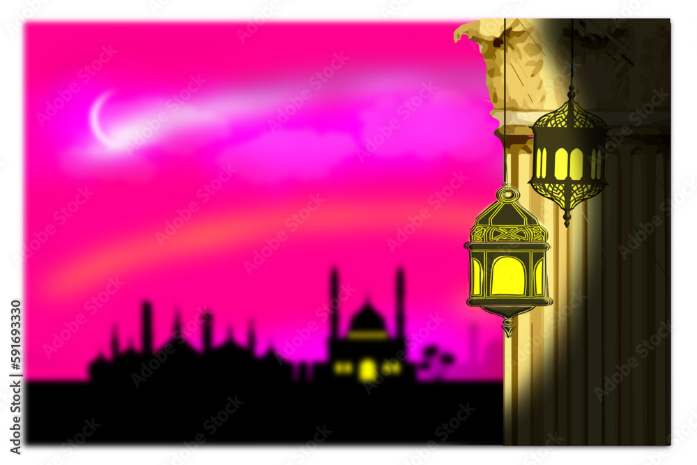 Naklejka premium Islamic style chandeliers on ornate traditional column on defocused background of islamic mosque. Islamic culture. Islamic decorative art. Culture and religion. Vector illustration.
