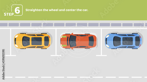 Parallel parking step 6. Straighten wheel and center car. Template, layout and mock up. Educational infographic with rules of road. Top view at parking lots. Cartoon flat vector illustration