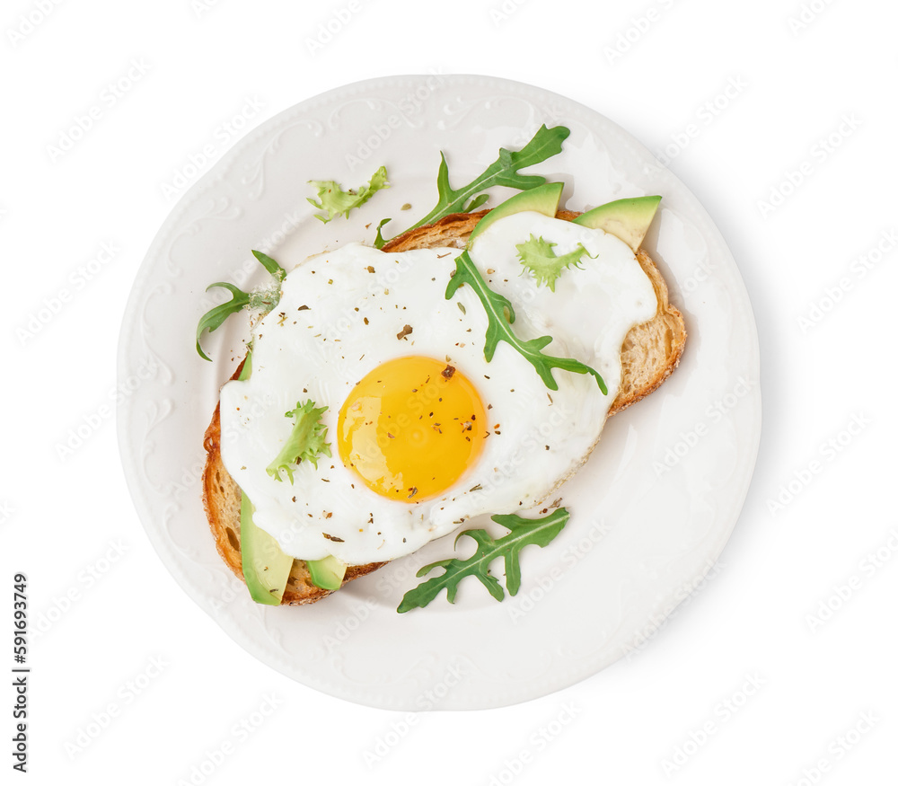 Delicious sandwich with fried egg, avocado and arugula on white background Delicious sandwich with fried egg, avocado and arugula on white background