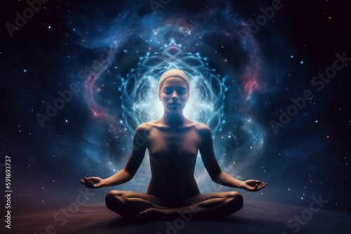 Silhouette of women in Lotus position on the abstract positive energy background . AI generated, human enhanced.