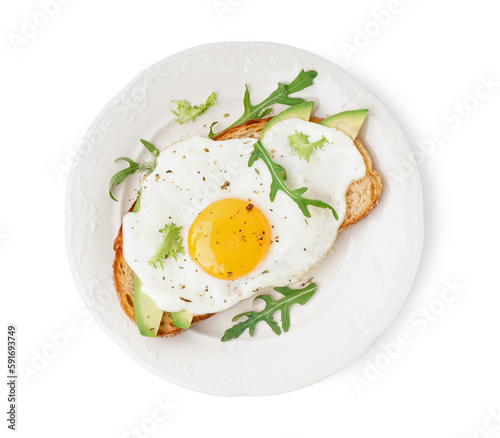 Delicious sandwich with fried egg  avocado and arugula on white background