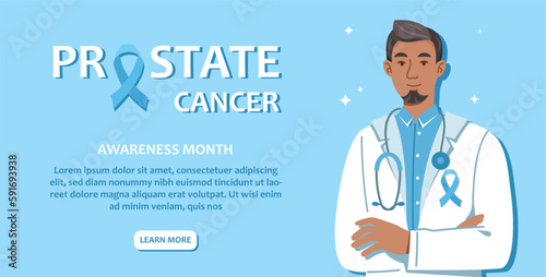 Prostate cancer banner. Man in medical gown with stethoscope stands next to text. Mindfulness month, health care and regular check ups, prevention. Cartoon flat vector illustration