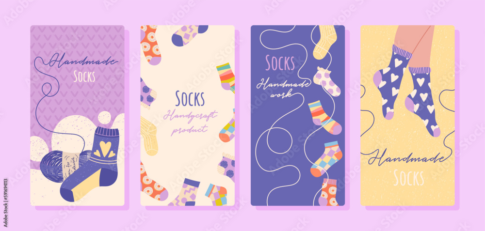 Set of banners with socks. Collection of graphic elements for website. Bright accessories and warm clothes. Fashion and trend. Cartoon flat vector illustrations isolated pn violet background Set of banners with socks. Collection of graphic elements for website. Bright accessories and warm clothes. Fashion and trend. Cartoon flat vector illustrations isolated pn violet background