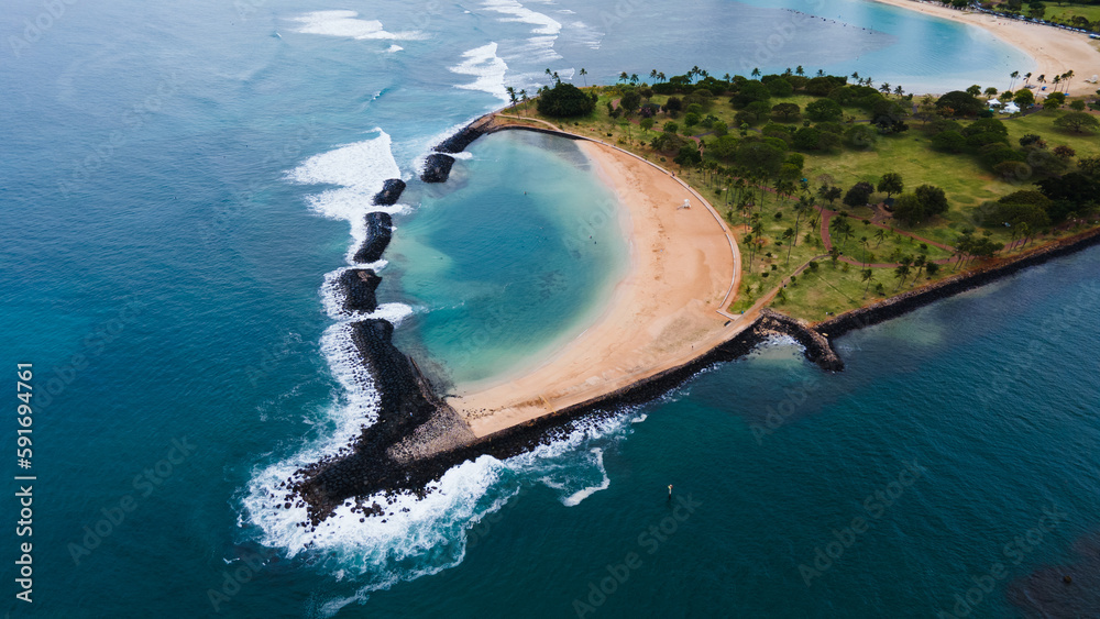 Aerial drone shot of Magic Island Lagoon Oahu Hawaii