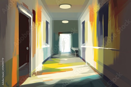 bright door at the end of a long hallway in a painting. Generative AI