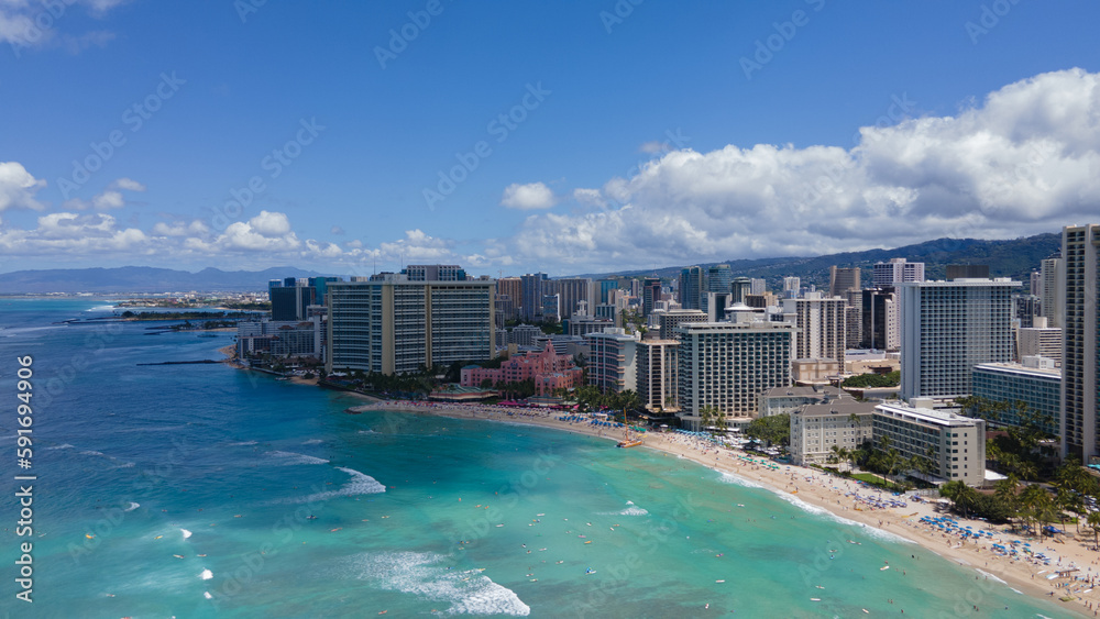 Waikiki Beach with hotels in Waikiki, Honolulu, Oahu island, Hawaii