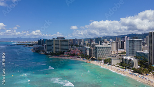 Waikiki Beach with hotels in Waikiki, Honolulu, Oahu island, Hawaii