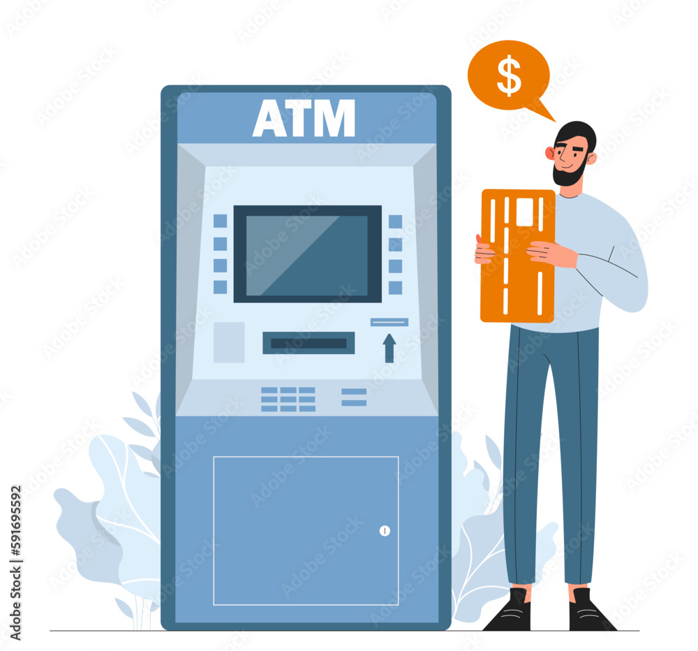 Man with ATM concept. Young guy with bank card near terminal and machine. Transactions and transfers, payments. Cashless operations. Entrepreneur and businessman. Cartoon flat vector illustration