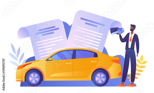 Auto insurance concept. Man stands and holds keys against background of documents. Character buys vehicle, buyer with car. Safety and protection. Cartoon flat vector illustration