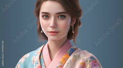 日本の着物を着た笑顔の美人外国人・白人・欧米人女性（Generative AI）
