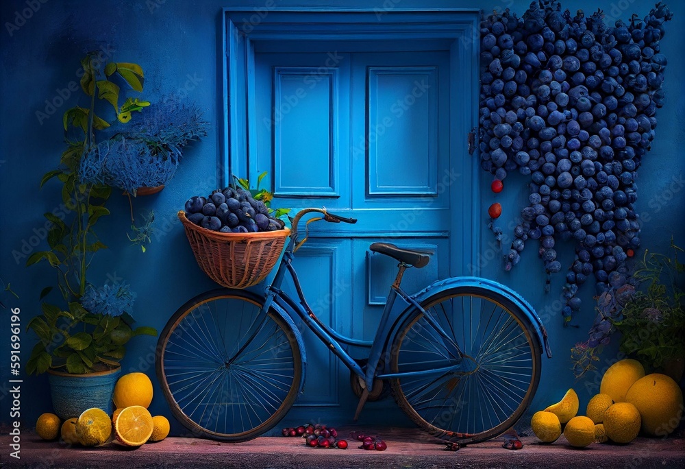 a blue bicycle with a basket full of fruit on the back of it next to a blue wall with a blue door and a blue door.  generative ai