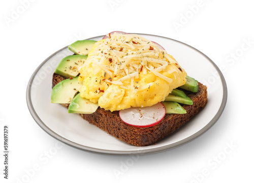 Plate with tasty scrambled eggs sandwich and vegetables on white background