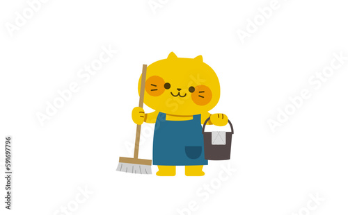 モップとバケツを持ったネコのイラスト