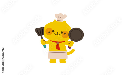 フライパンとフライ返しを持ったコックのネコのイラスト