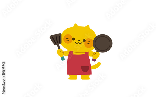 フライパンとフライ返しを持ったネコのイラスト