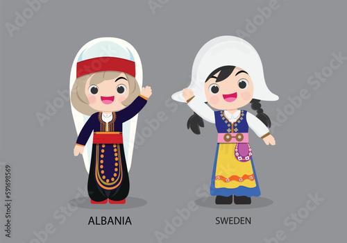 Albania peopel in national dress. Set of Sweden woman dressed in national clothes. Vector flat illustration.