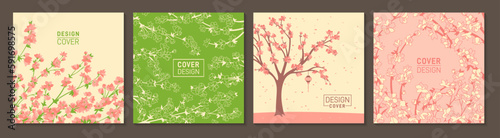 Sakura cherry blossom tree and twigs trendy cover or square card design set. Japanese blooming plant with flowers for flyer  notebook planner. Brochure social media catalog page Asian plant background
