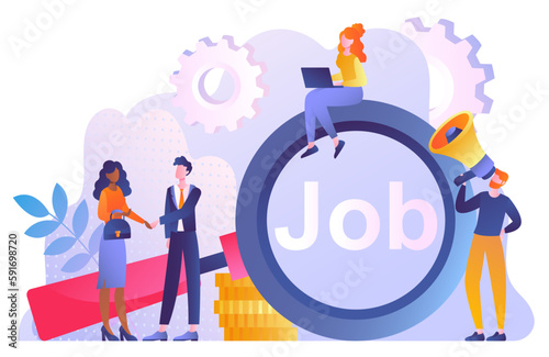 Concept of job. Man and woman shake hands. Entrepreneur and investor. Big company and business processes. Marketers, analysts and HR managers. Recruitment, hiring. Cartoon flat vector illustration