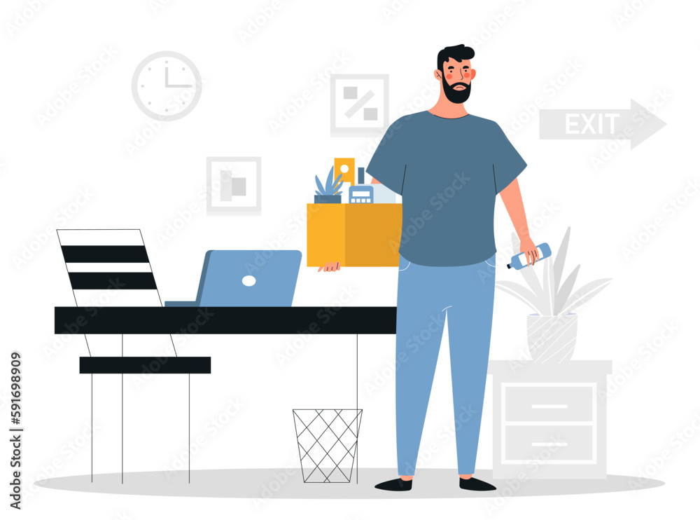 Man lost his job. Young guy collects things in box and leaves workplace. Dismissed employee and unemployment. Economic recession and crisis. Fired worker concept. Cartoon flat vector illustration