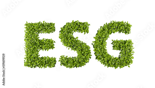 abstract 3D leaves forming ESG text symbol on transparent background, creative eco environment investment fund, future green energy innovation business trend