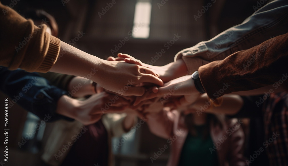 People group join hands together as teamwork symbolism