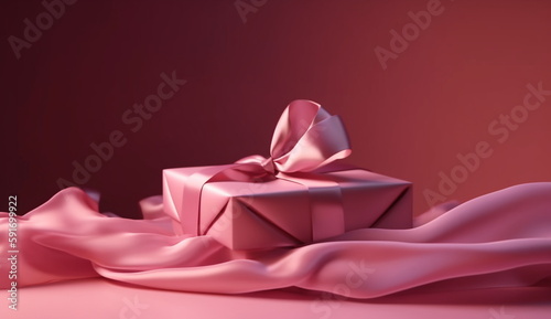 Square gift box on pink satin fabric background. Based on Generative Ai.