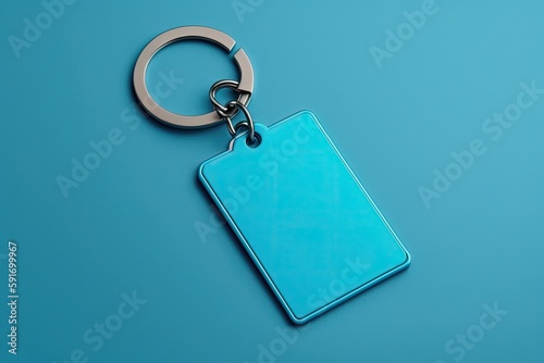 blue square keychain on a solid blue background. Generative AI