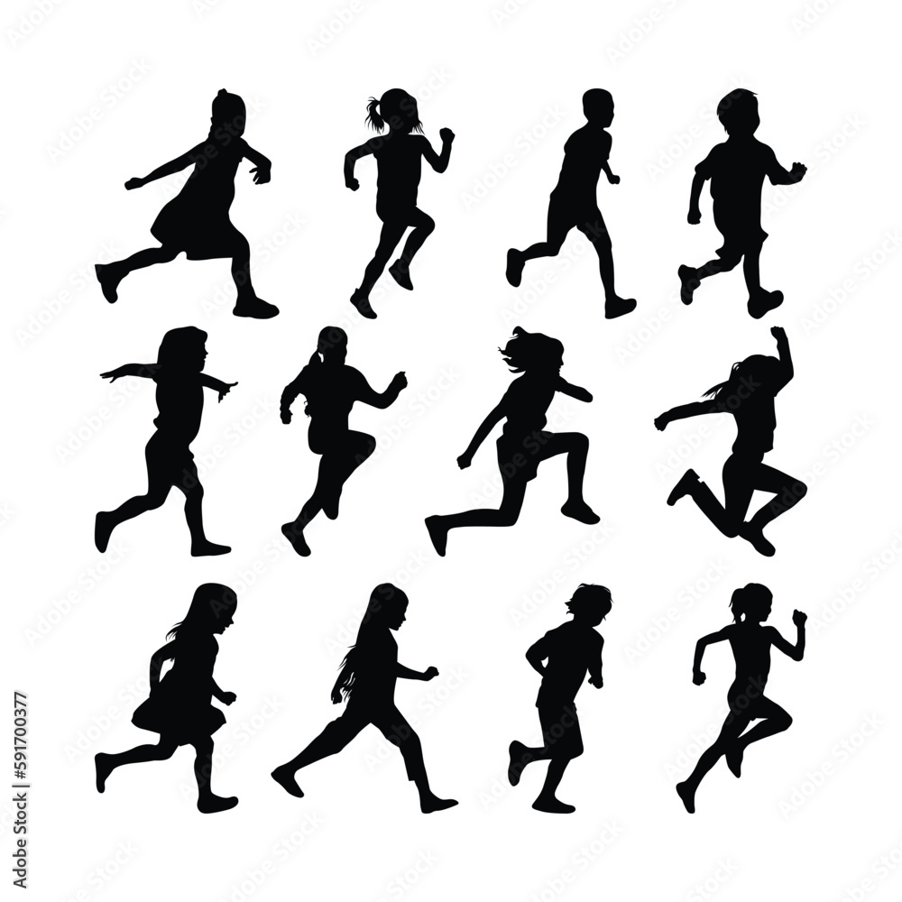 Little children running isolated on white background silhouette vector illustration