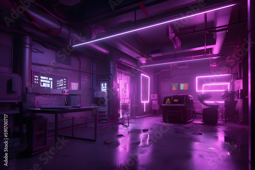  room with neon lights and a computer in the center., Generative Ai