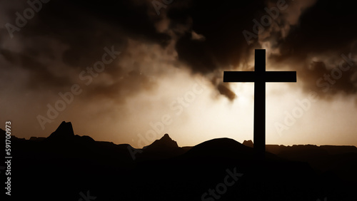 Yellow sunset with clouds behind the cross in the background. 3d rendering