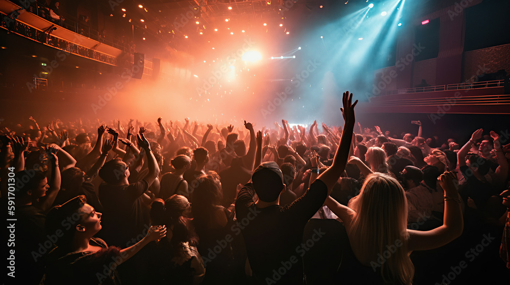 crowd of people cheering and dancing at nighclub