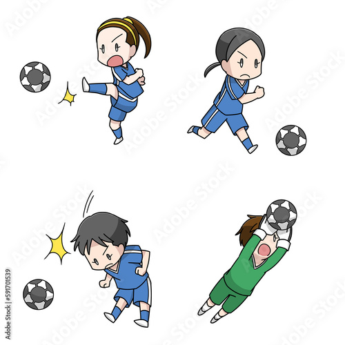 サッカーをする女性のイラスト4パターン
