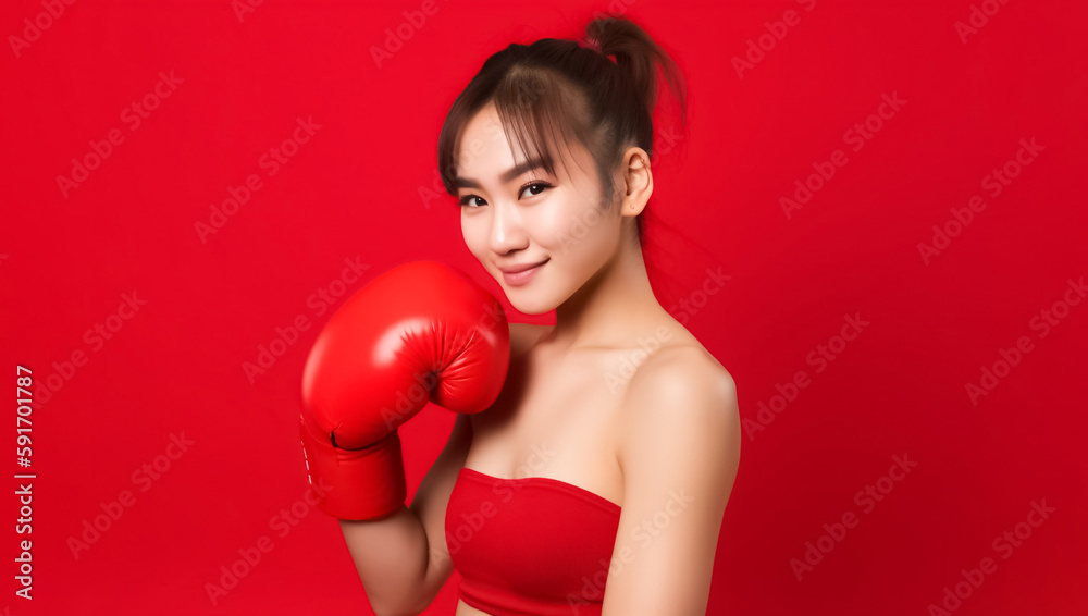 Vivid Beautiful Asian woman, wearing boxing gloves, is lifting her arms to strike a boxing pose in a posted photo on pink red Background. generative AI. Vivid Beautiful Asian woman, wearing boxing gloves, is lifting her arms to strike a boxing pose in a posted photo on pink red Background. generative AI.