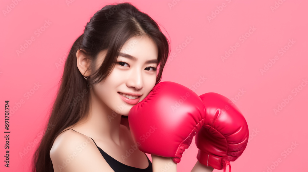 Vivid Beautiful Asian woman, wearing boxing gloves, is lifting her arms to strike a boxing pose in a posted photo on pink red Background. generative AI. Vivid Beautiful Asian woman, wearing boxing gloves, is lifting her arms to strike a boxing pose in a posted photo on pink red Background. generative AI.
