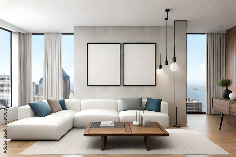 Mockup frame in a modern living room, Interior design, 3D Illustration, Generative AI