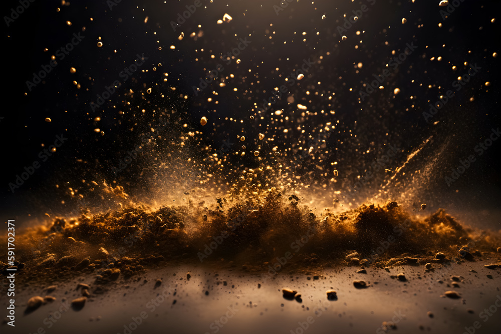 An abstract image of golden powder splash with a bokeh background of small reflective objects, creating a dreamy and ethereal atmosphere.