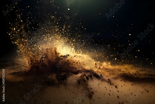 An abstract image of golden powder splash with a bokeh background of small reflective objects, creating a dreamy and ethereal atmosphere.