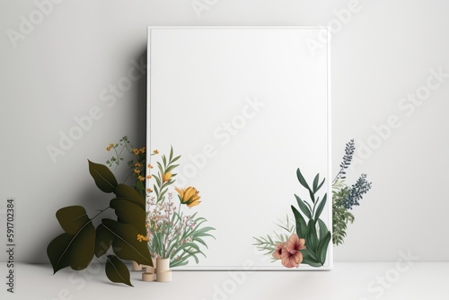 white picture frame with a floral design and a potted plant next to it. Generative AI
