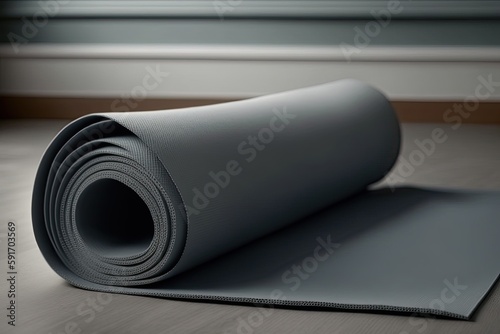  rolled up yoga mat on a wooden floor, with a zen atmosphere. Generative AI