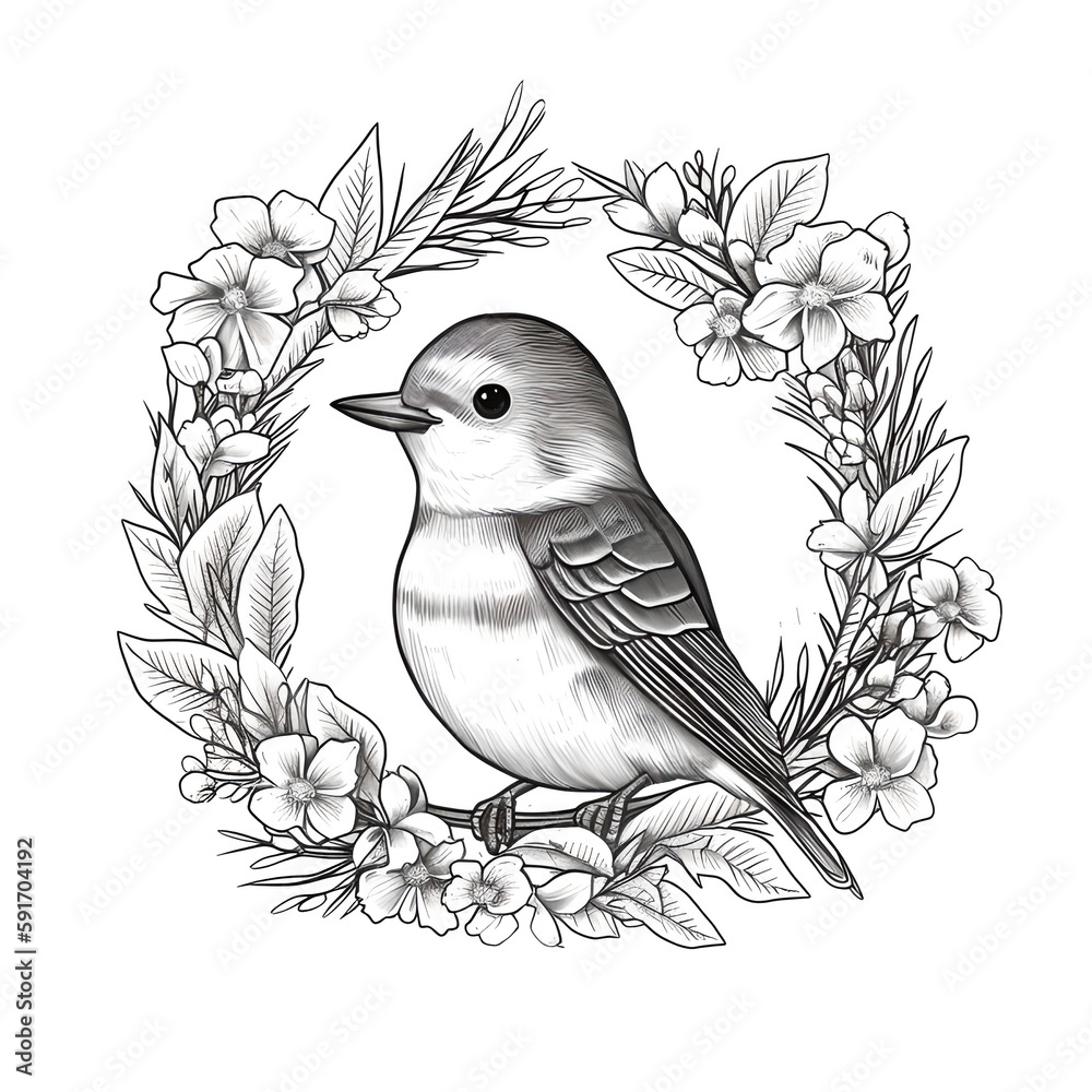 Black and white bird surrounded by a wreath of flowers Black and white bird surrounded by a wreath of flowers