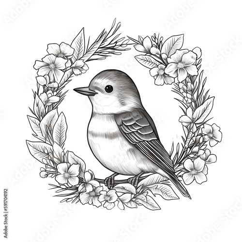 Black and white bird surrounded by a wreath of flowers